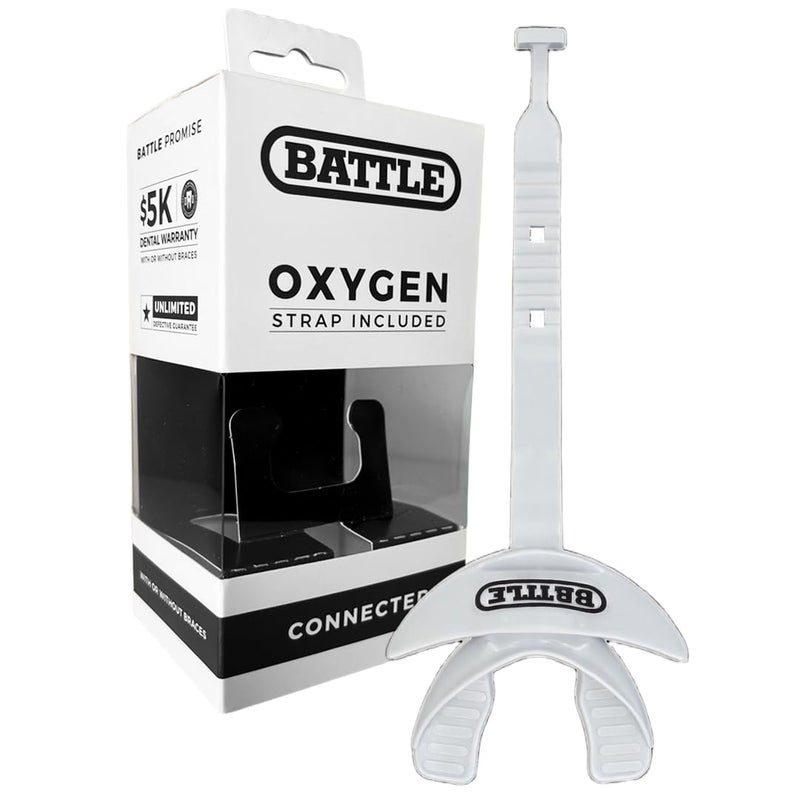 Battle Oxygen Lip Protector Mouth Guard with Connected Strap, Football and Sports Gear, Maximum Oxygen Supply, Mouthpiece Fits With or Without Braces - One Size, White - Image 1